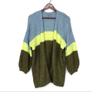Aerie Wool Mohair Blend Neon Stripe Oversized Open Front Chunky Knit Cardigan